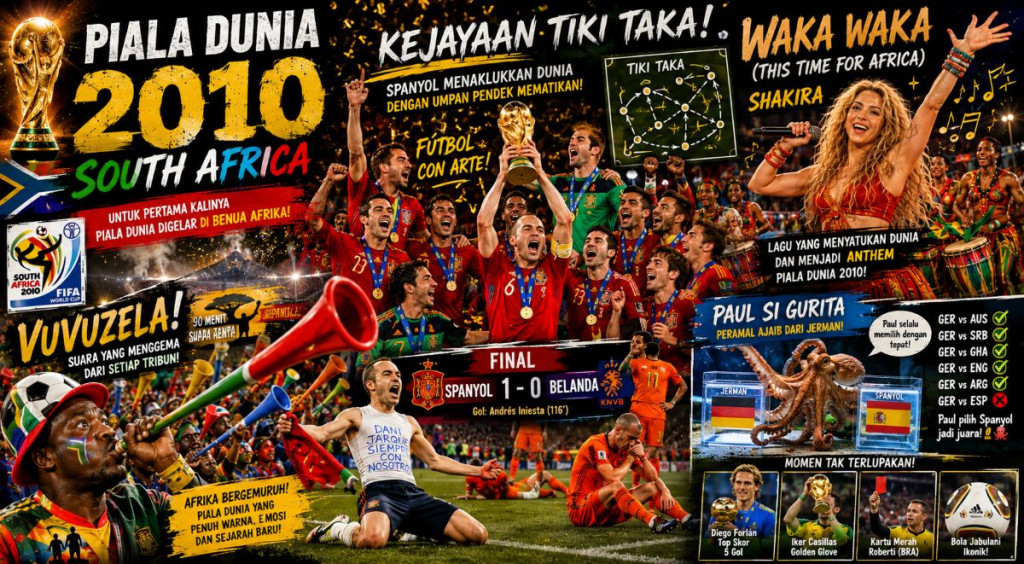 Spanyol Menang di Tengah Vuvuzela dan Waka Waka, Piala Dunia Afrika Penuh Drama