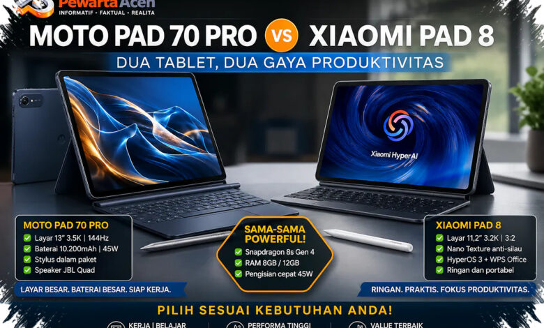 Moto Pad 70 Pro Unggul untuk Kerja, Xiaomi Pad 8 Lebih Ringkas Dibawa Harian